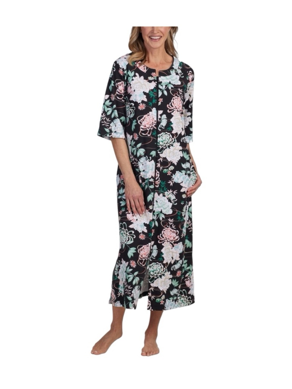 Miss Elaine Women's Printed 1/2 Sleeve Zip-Front Robe Seaside Tropical Large